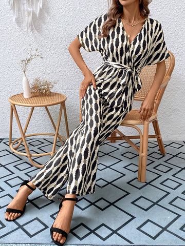 Allover Print Batwing Sleeve Belted Jumpsuit