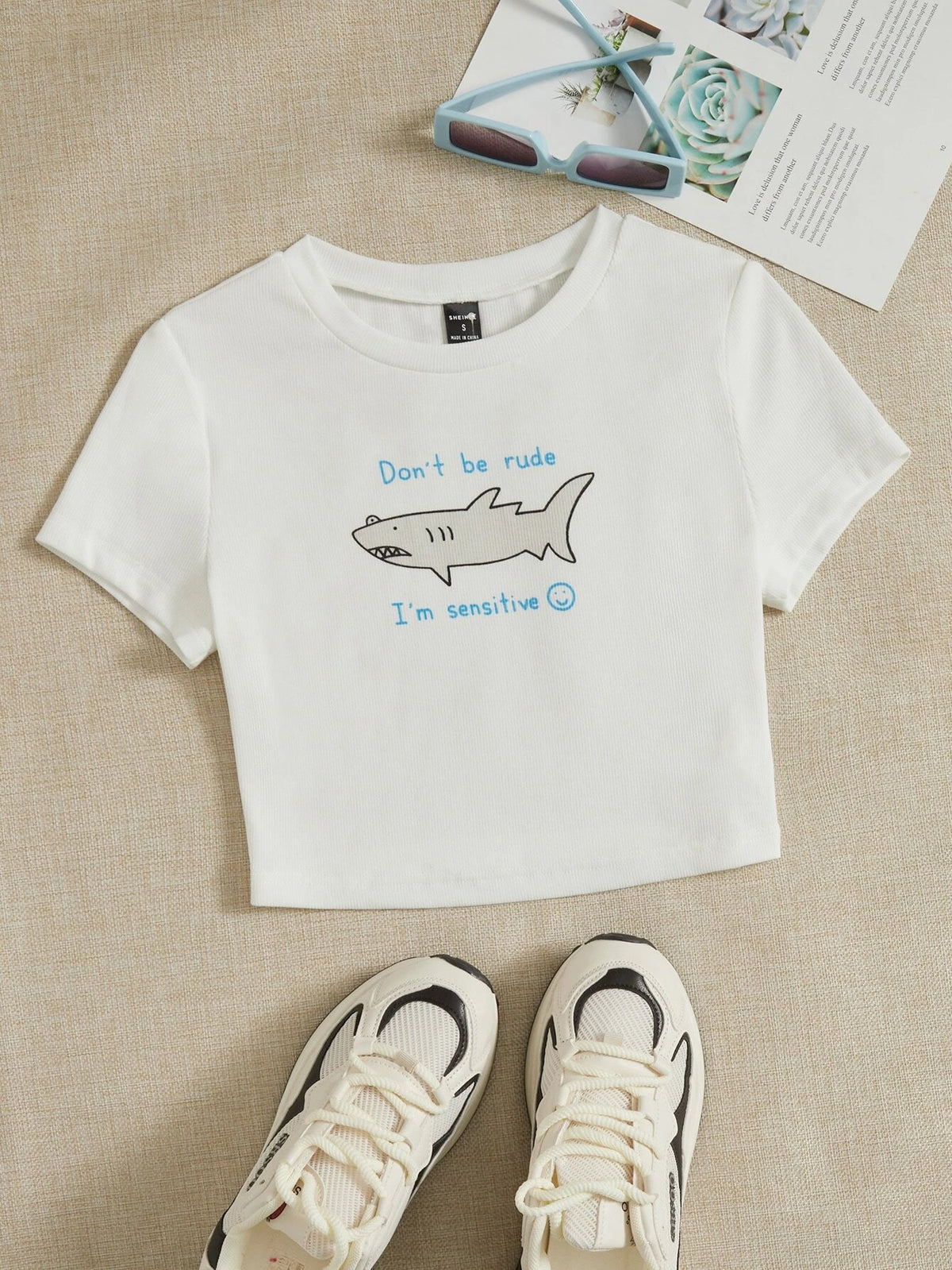 Shark & Slogan Graphic Crop Tee