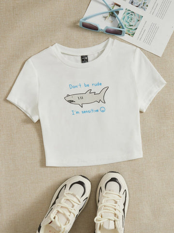 Shark & Slogan Graphic Crop Tee