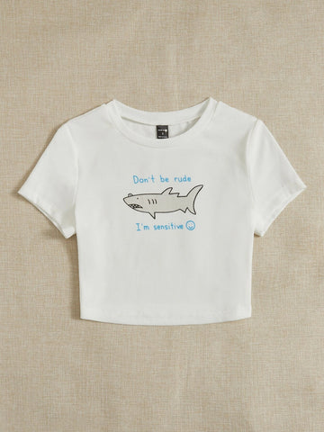 Shark & Slogan Graphic Crop Tee