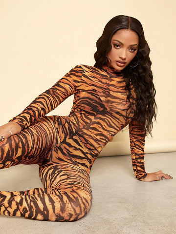 SXY Tiger Skin Print Mock Neck Mesh Unitard Jumpsuit