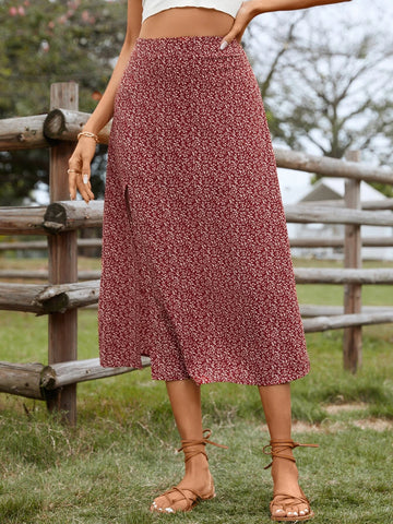 EMERY ROSE Ditsy Floral Print Split Thigh Skirt