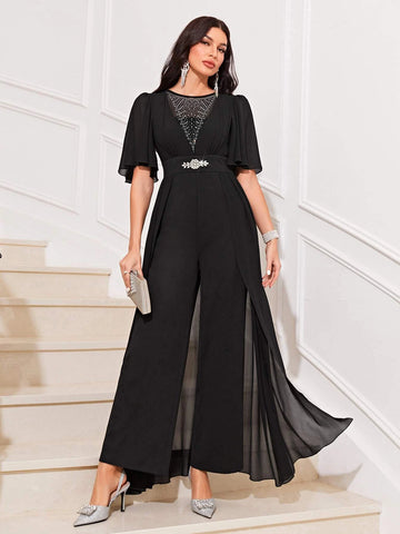 Modely Rhinestone Detail Butterfly Sleeve Wide Leg Jumpsuit With Skirt