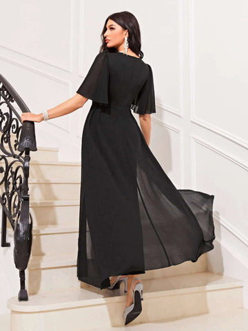 Modely Rhinestone Detail Butterfly Sleeve Wide Leg Jumpsuit With Skirt
