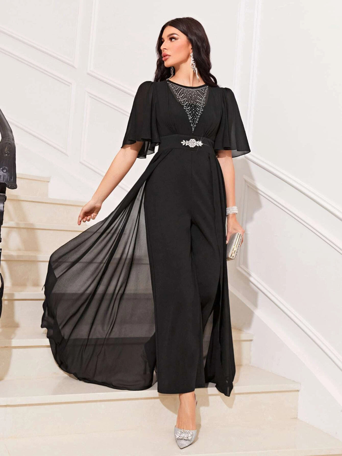 Modely Rhinestone Detail Butterfly Sleeve Wide Leg Jumpsuit With Skirt