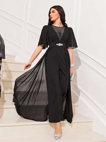 Modely Rhinestone Detail Butterfly Sleeve Wide Leg Jumpsuit With Skirt
