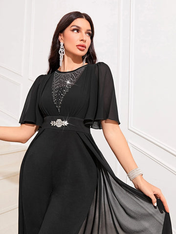 Modely Rhinestone Detail Butterfly Sleeve Wide Leg Jumpsuit With Skirt