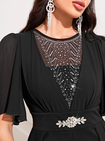 Modely Rhinestone Detail Butterfly Sleeve Wide Leg Jumpsuit With Skirt