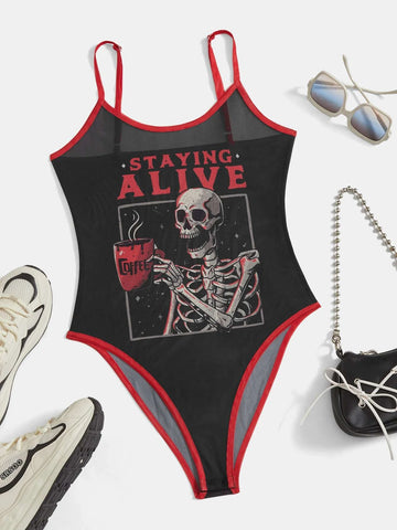 Skull & Letter Graphic Contrast Binding Mesh Cami Bodysuit