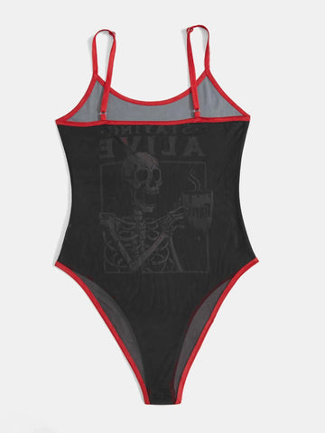 Skull & Letter Graphic Contrast Binding Mesh Cami Bodysuit