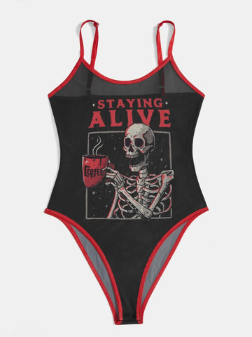 Skull & Letter Graphic Contrast Binding Mesh Cami Bodysuit