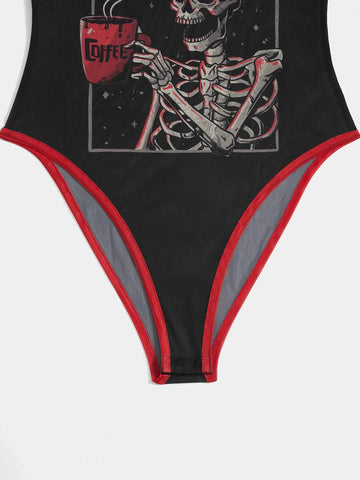 Skull & Letter Graphic Contrast Binding Mesh Cami Bodysuit