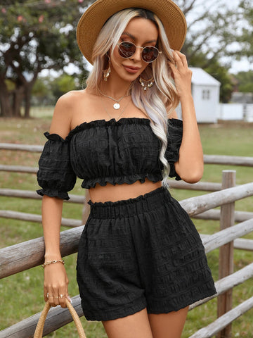 EMERY ROSE Off Shoulder Frill Trim Crop Top & Shorts