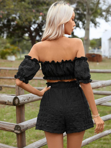 EMERY ROSE Off Shoulder Frill Trim Crop Top & Shorts