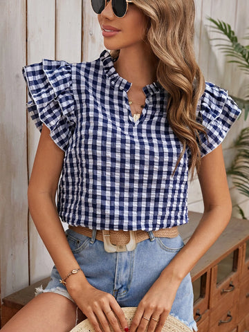 EMERY ROSE Gingham Print Notched Neckline Butterfly Sleeve Blouse