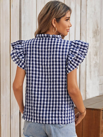 EMERY ROSE Gingham Print Notched Neckline Butterfly Sleeve Blouse