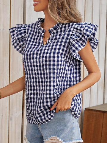 EMERY ROSE Gingham Print Notched Neckline Butterfly Sleeve Blouse