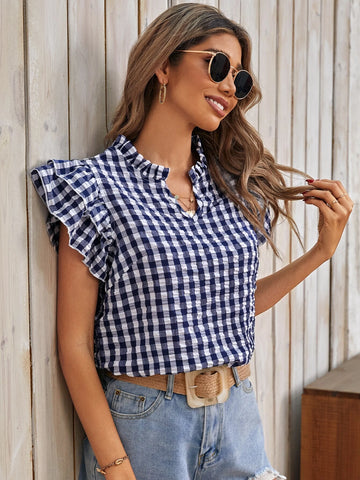 EMERY ROSE Gingham Print Notched Neckline Butterfly Sleeve Blouse