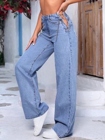 Tall Chain Lace Up Side Straight Leg Jeans