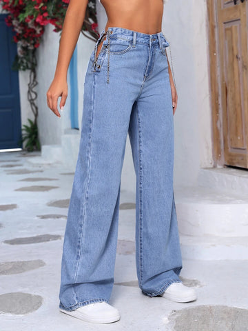 Tall Chain Lace Up Side Straight Leg Jeans