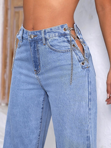 Tall Chain Lace Up Side Straight Leg Jeans