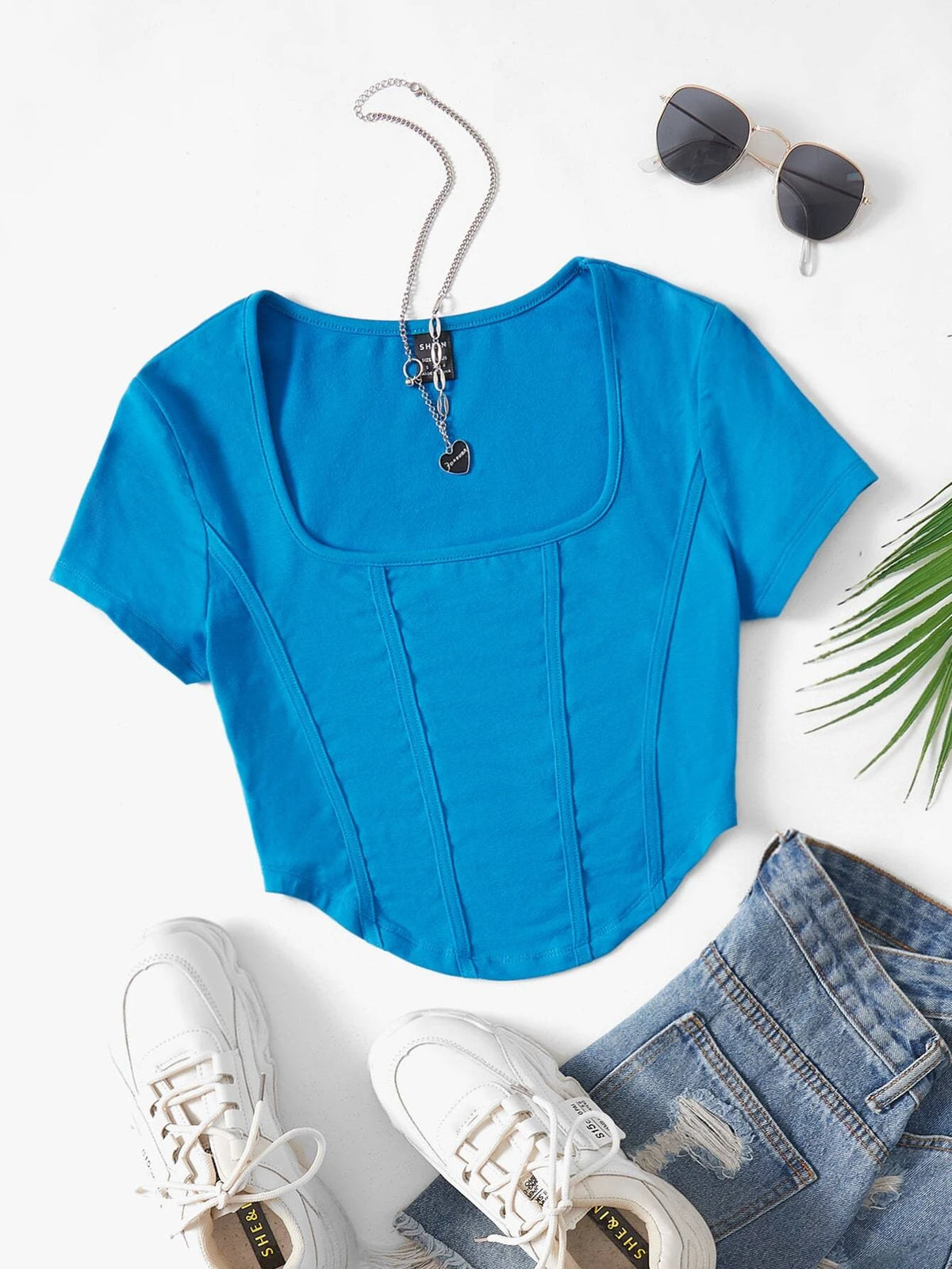 EZwear Scoop Neck Asymmetrical Hem Crop Tee