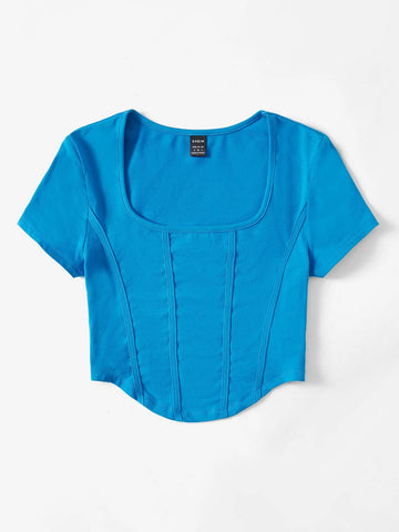EZwear Scoop Neck Asymmetrical Hem Crop Tee