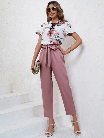 Floral Print Tie Neck Blouse & Belted Pants