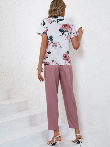Floral Print Tie Neck Blouse & Belted Pants