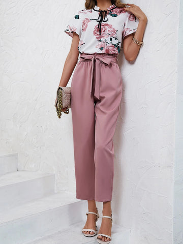 Floral Print Tie Neck Blouse & Belted Pants