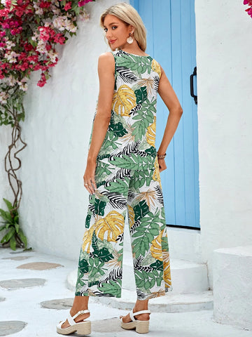 VCAY Tropical Print Tank Top & Wide Leg Pants
