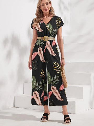 Tropical Print Batwing Sleeve Wide Leg Jumpsuit Without Belt