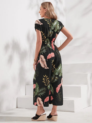 Tropical Print Batwing Sleeve Wide Leg Jumpsuit Without Belt