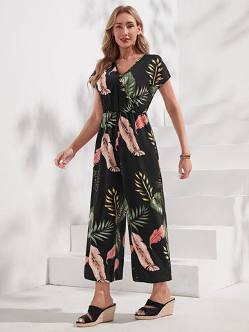 Tropical Print Batwing Sleeve Wide Leg Jumpsuit Without Belt