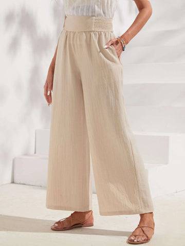 EMERY ROSE Solid Shirred Waist Wide Leg Pants