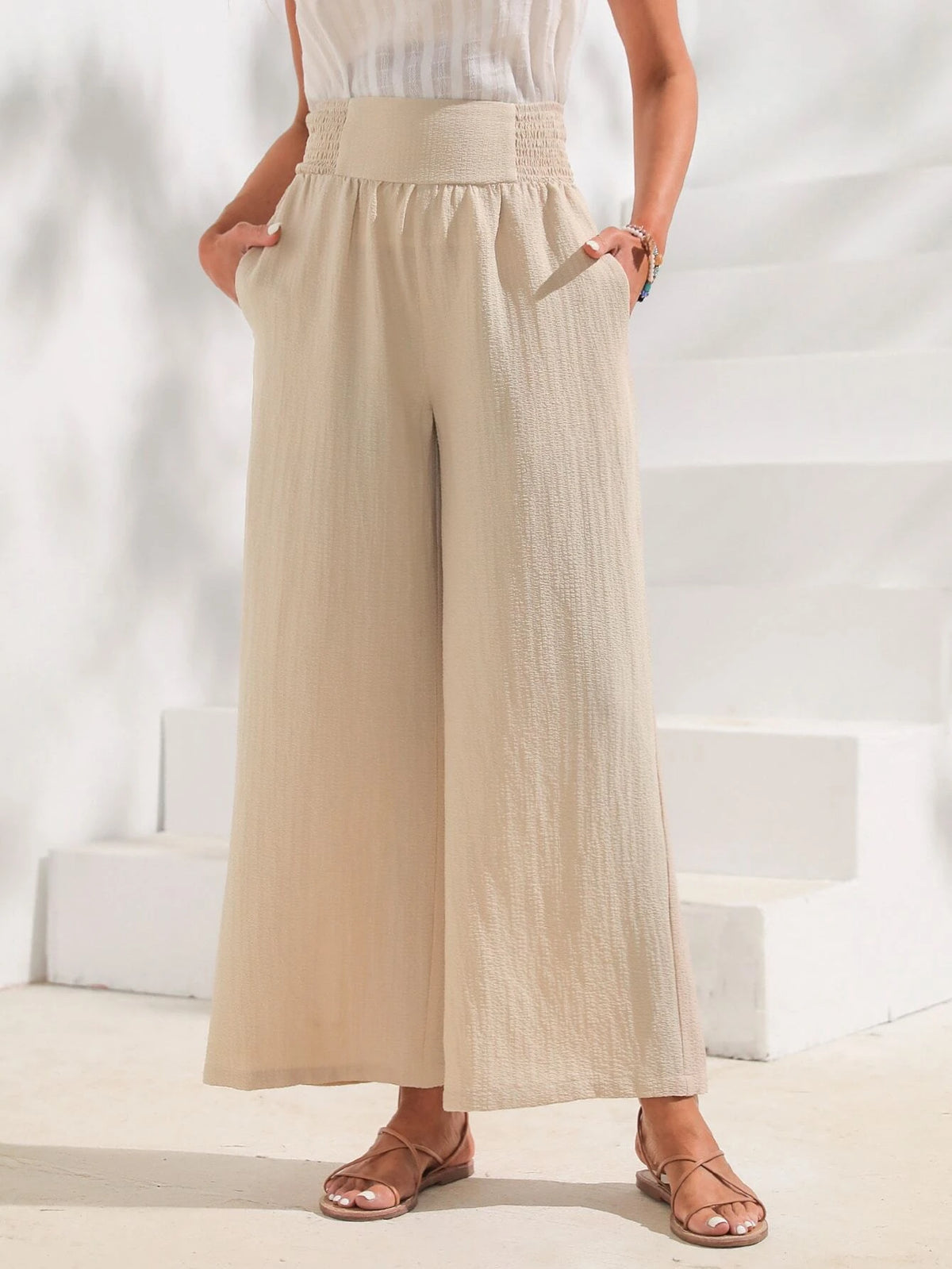 EMERY ROSE Solid Shirred Waist Wide Leg Pants
