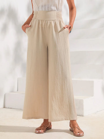 EMERY ROSE Solid Shirred Waist Wide Leg Pants