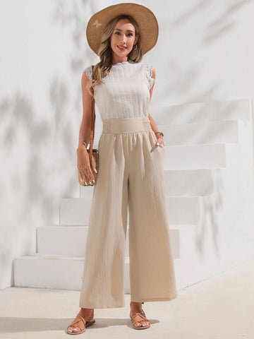 EMERY ROSE Solid Shirred Waist Wide Leg Pants