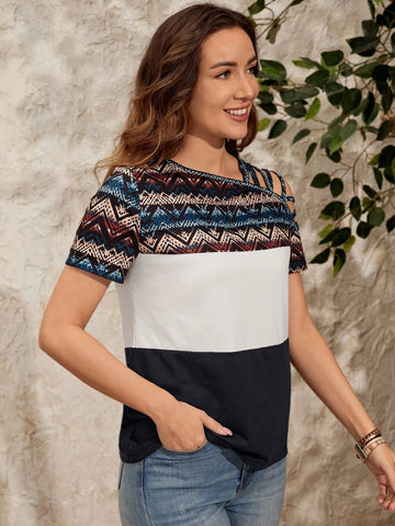 EMERY ROSE Geo Print Colorblock Asymmetrical Neck Cut Out Tee