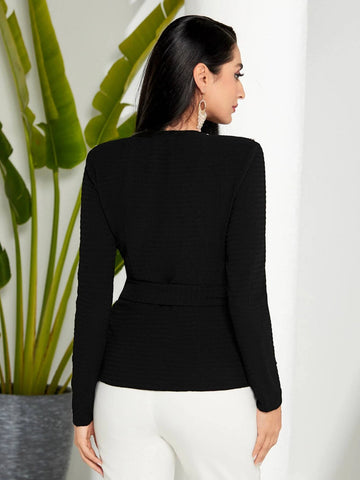 Modely Rhinestone Shoulder Wrap Belted Blouse