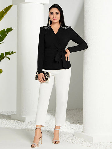 Modely Rhinestone Shoulder Wrap Belted Blouse