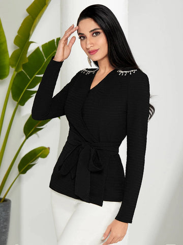 Modely Rhinestone Shoulder Wrap Belted Blouse