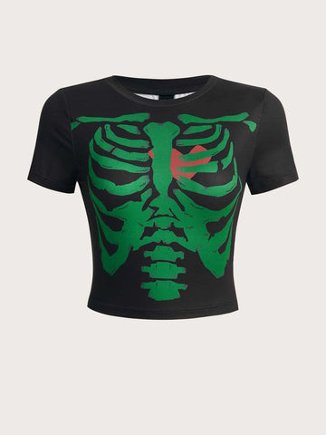 Skeleton Print Crop Tee