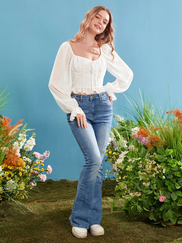 MOD Ruched Bust Tie Front Flounce Sleeve Ruffle Hem Blouse