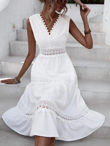 Guipure Lace Insert Ruffle Hem Dress