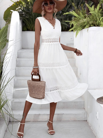 Guipure Lace Insert Ruffle Hem Dress