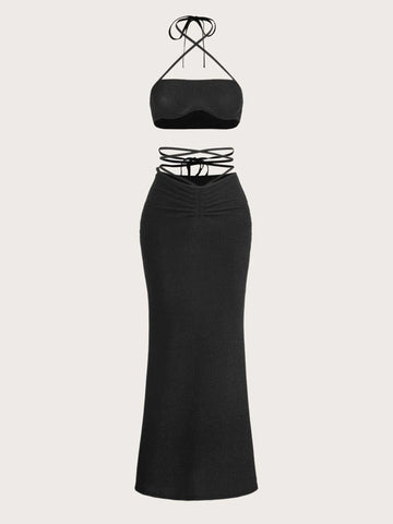 ICON Tie Backless Halter Top & Ruched Waist Skirt