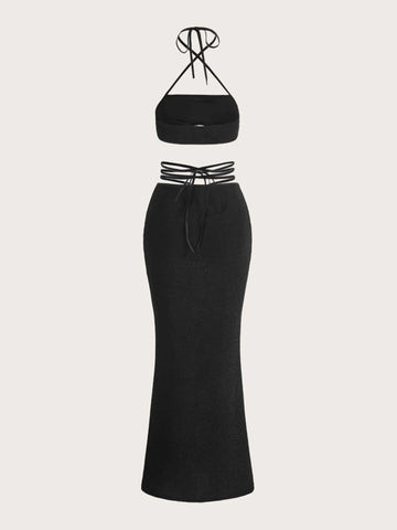 ICON Tie Backless Halter Top & Ruched Waist Skirt