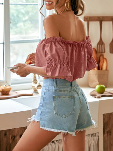 Swiss Dot Off Shoulder Frill Trim Knot Front Crop Blouse