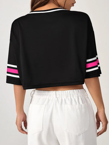EZwear Number Print Striped Trim Drop Shoulder Crop Tee